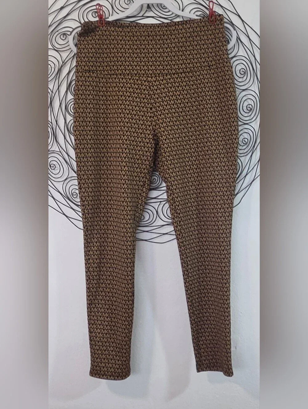 Michael Kors MK Logo Leggings Size Large Black & Orange-Gold Monogram Stretch
